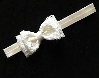 IVORY or WHITE lace headband hair bow FOE headband baptism christening  preemie baby infant toddler boutique Cici's