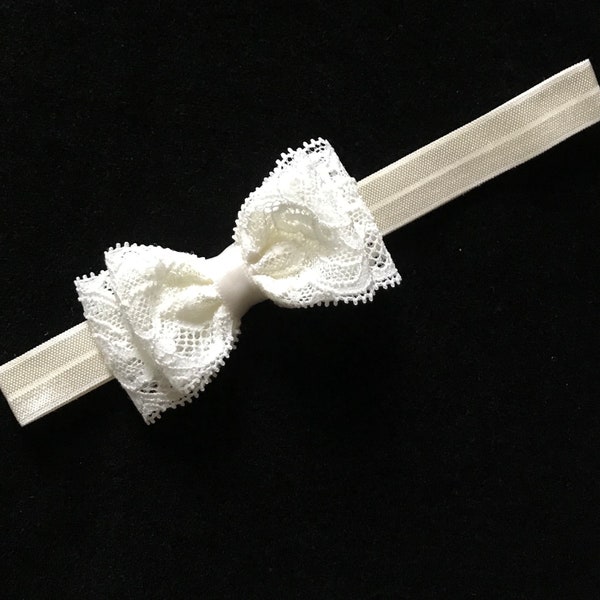 IVORY or WHITE lace headband hair bow FOE headband baptism christening  preemie baby infant toddler boutique Cici's
