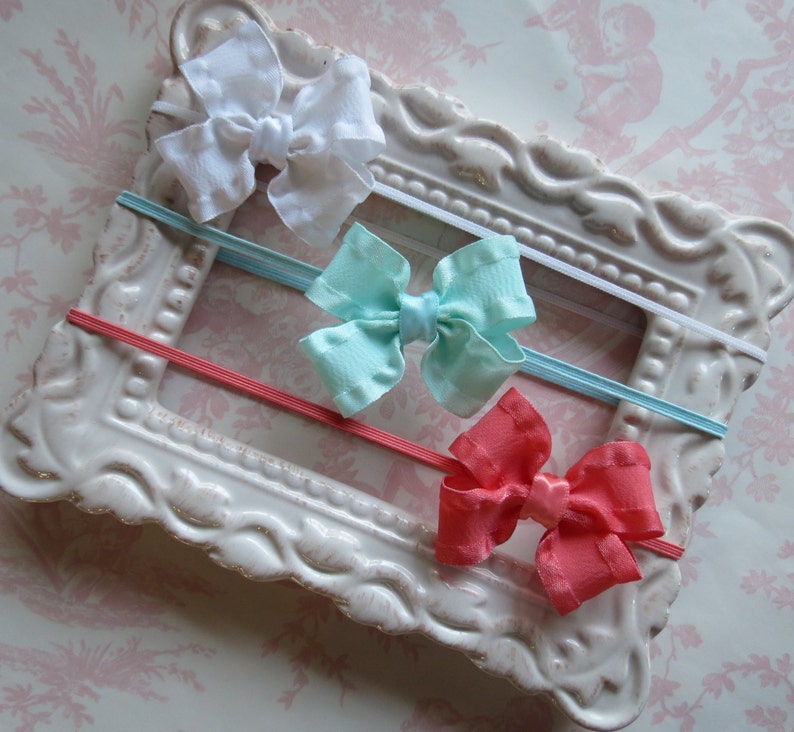 Gift set of 3 tiny hair bows coral aqua white newborn baby toddler double ruffle skinny elastic dainty Cici/'s boutique