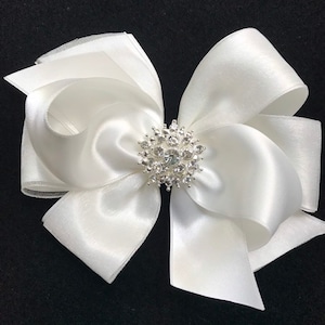 OFF WHITE  satin organza hair bow headband flower girl wedding rhinestone pearl bling christening baptism pageant hair clip barrette elegant