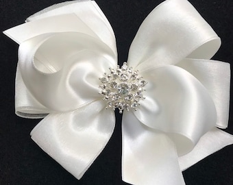 Off White Satin Rhinestone Hair Bow: Flower Girl Headband