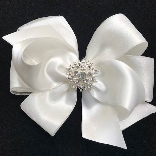 OFF WHITE  satin organza hair bow flower girl wedding rhinestone pearl bling christening baptism pageant hair clip barrette elegant