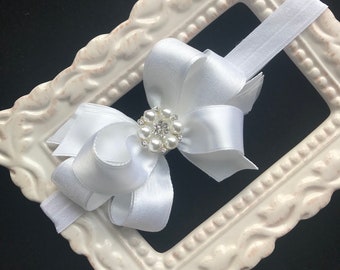 WHITE satin & organza Small Medium hair bow FOE elastic headband pearl rhinestone flower girl baptism christening baby infant toddler