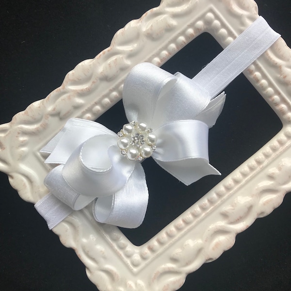 WHITE satin & organza Small Medium hair bow FOE elastic headband pearl rhinestone flower girl baptism christening baby infant toddler