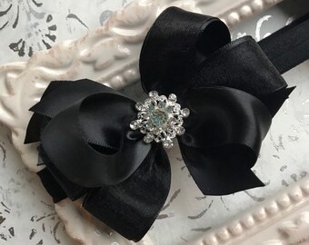 Black Satin Organza Hair Bow Headband: Rhinestone Pageant  display picture 1