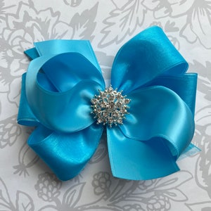 Turquoise Copen blue satin Big hair bow flower girl Cinderella wedding rhinestone pearl organza 5 inch clip toddler girl pageant Easter