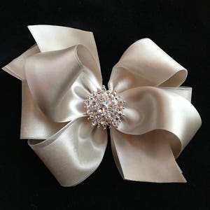 Champagne satin hair bow headband flower girl wedding rhinestone pearl organza 5 inch  clip toddler girl pageant boutique Cici&#39;s