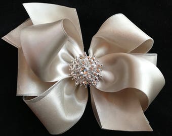 Champagne satin hair bow flower girl wedding rhinestone pearl organza 5 inch  clip toddler girl pageant boutique Cici's