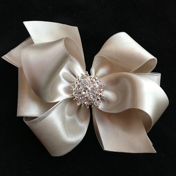 Champagne satin hair bow flower girl wedding rhinestone pearl organza 5 inch  clip toddler girl pageant boutique Cici's