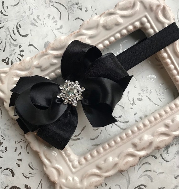 Sparkly Rhinestone black satin bow headband ￼ Wholesale Girls Shimmer Satin Bow Hard Headband | HairBow Center main image 4