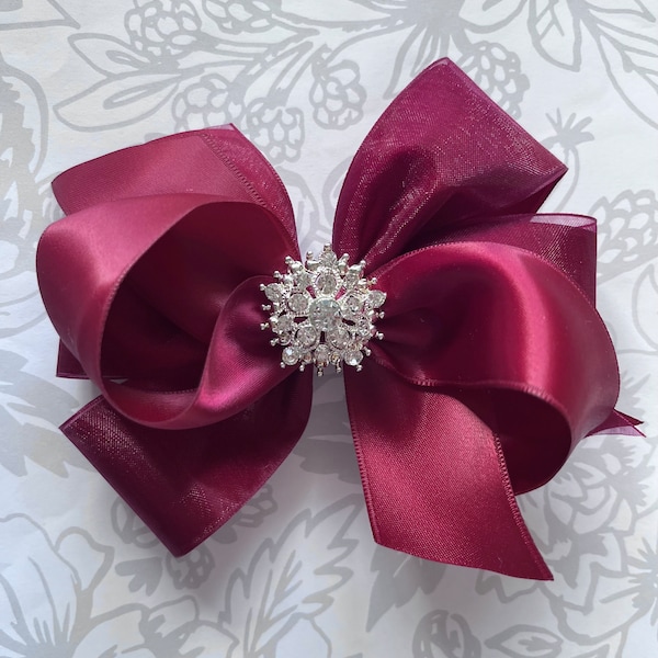 BURGUNDY Wine satin organza hair bow rhinestone Christmas bling pinwheel pageant alligator hair clip photo