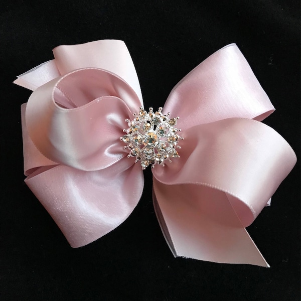 Blush pink satin hair bow flower girl wedding rhinestone pearl organza 5 inch  clip toddler girl pageant boutique Cici's