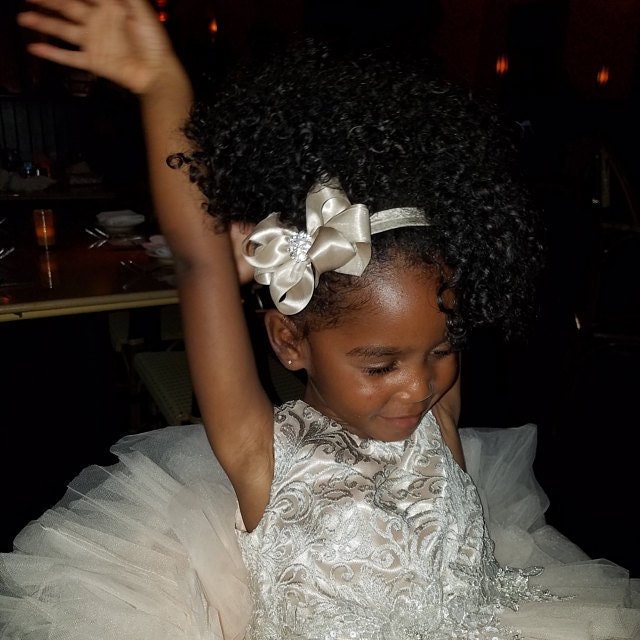 Champagne Satin Hair Bow Headband: Rhinestone Flower Girl  display picture 3