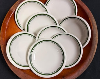 Mantequera vintage BUTTER PAT con rayas verdes, vajilla de restaurante de 7,6 cm (3 pulgadas), loza