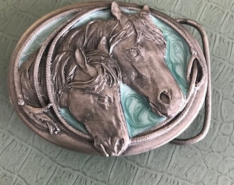HORSE HEADS - Turquoise and silver belt buckle