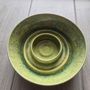 Handmade Ceramic Chip & Dip Bowl | Wheel Thrown Stoneware Serving Bowl | One-of-a-Kind Green Pottery