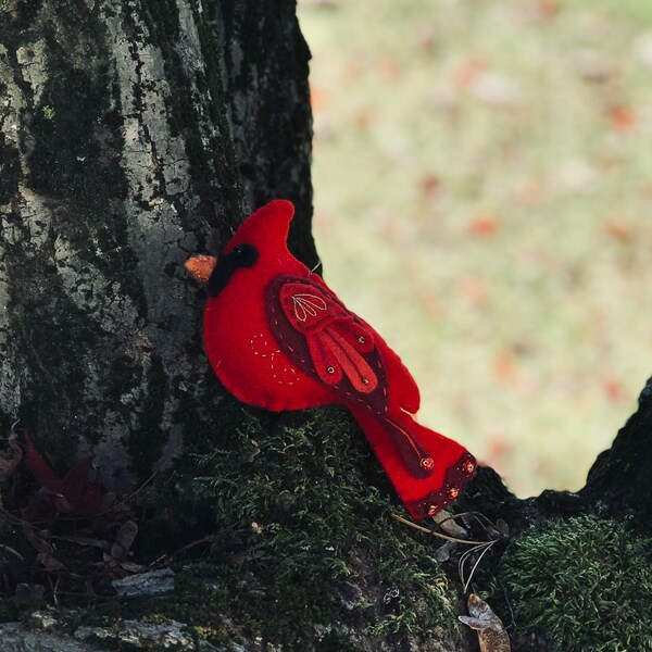 Cardinal Handmade bird ornament 2 sided Christmas tree decoration  embroidered loved one remembrance memorial gift