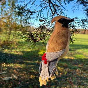 May include: A felt bird ornament with a brown body, black mask, and gray wings, perched on a tree branch. The bird has a crest and small red berries on its tail. The background features a green field and a blue sky.