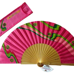 Hand painted with matching sheath Fan &quot;Fresh Raspberry&quot;, handmade fan in Spain
