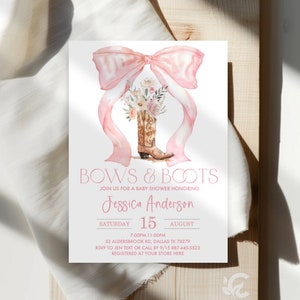 May include: A pink and white baby shower invitation featuring a pink bow and a cowboy boot with flowers. The text reads "Bows & Boots" and "Jessica Anderson". The date is Saturday, 15th August. The time is 7:00 PM to 11:00 PM. The address is 53 Aldersbrook Rd, Dallas TX 78279. The RSVP information is to text or call Jen by 15th September at 887-445-5523. The invitation also says "Registered at your store here".