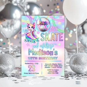 May include: A colorful invitation for a 10th birthday party with a disco ball and roller skates. The invitation says "Let's Skate and celebrate Madison's 10th Birthday". The party is on Saturday, July 23rd from 3:00-5:00pm at Cosmic Skate Rink, 124 Black Light Blvd, Austin Texas 78729. RSVP to Laura by text or call 442-442-1155.
