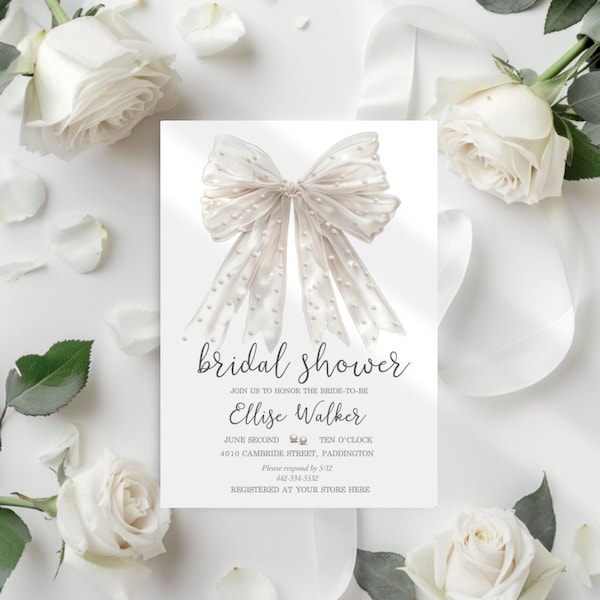 Pearl Bow Bridal Shower Bachelorette hens Invitations, Wedding Shower Digital Printable Template Download Elegant JP1200