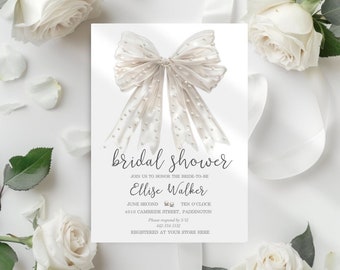 Pearl Bow Bridal Shower Bachelorette hens Invitations, Wedding Shower Digital Printable Template Download Elegant JP1200