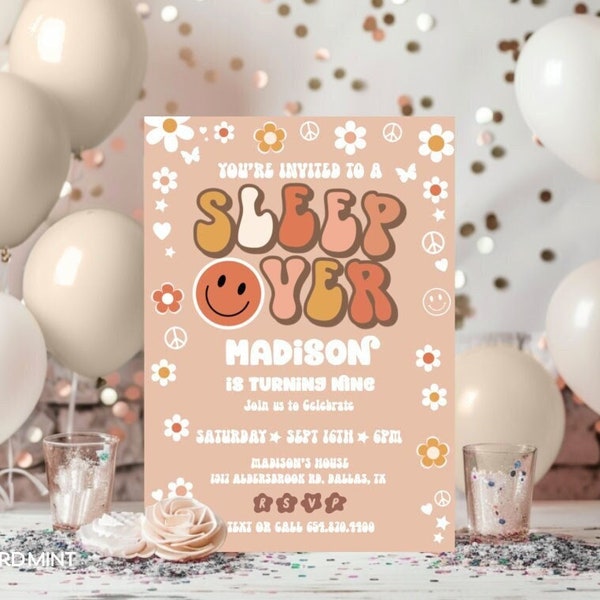 EDITABLE Groovy Sleep Over Birthday Party Invitations, Daisy Retro Invites, Terricotta Boho Any Age Digital Template JT563