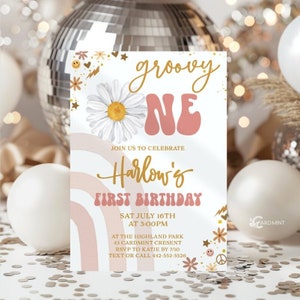 Editable Groovy One Birthday Party Invitation 1st Birthday Retro Invite, Daisy Flower Power Boho 70&#39;s Hippie Neutral Digital Download JT1324