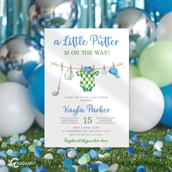 Editable Golf Little Putter Baby Shower Invitations, It's a Boy, Golf Theme Plaid Preppy Little Golfer It's a Boy Future Golfer JT2090