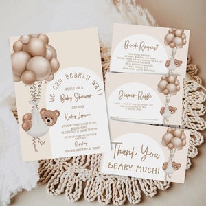 May include: A set of four baby shower cards featuring a brown teddy bear design. The cards are decorated with brown balloons and foliage. The text on the cards reads "We can beARLY wait", "Join us for a Baby Shower", "Book Request", "Diaper Raffle", "Thank You Beary Much!"