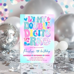 Editable Double Digit 13th Birthday Party Teen Invitations, Daisy Retro Invites, Pastel Boho Disco Slee over  Digital Template JT1329