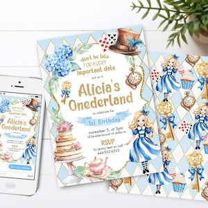 EDITABLE Alice in Wonderland Onederland Tea Party Birthday Invitations, hydrangea, Garden Red Blue One First Printable Digital Template JP60