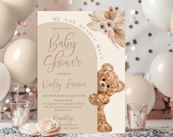 Editable Boho Teddy Bear Arch, Peek a Boo Invitations, Cute Baby Shower, Baby Gender Neutral, Brown, Beige, Invites Digital JT105