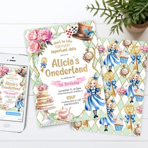 MODIFIABLE Alice au pays des merveilles Onederland Tea Party Invitations d’anniversaire, rose, Garden Green Blue One First Printable Digital Template JP67