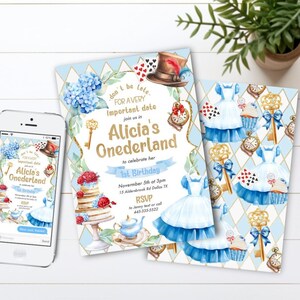 EDITABLE Alice in Wonderland Onederland Tea Party Birthday Invitations, hydrangea, Garden Red Blue One First Printable Digital Template JP52
