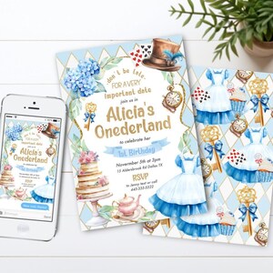 EDITABLE Alice in Wonderland Onederland Tea Party Birthday Invitations, Victorian High Tea, Blue One First Printable Digital Template JP51