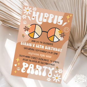 EDITABLE  Hippie Birthday Party Invitations, Retro Invites, Hippie Peace Sunglasses, Daisy Smile Boho 70&#39;s Hippie Any Age C1841