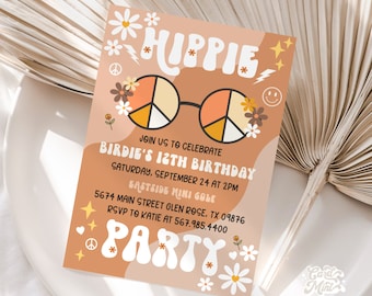 EDITABLE  Hippie Birthday Party Invitations, Retro Invites, Hippie Peace Sunglasses, Daisy Smile Boho 70's Hippie Any Age C1841