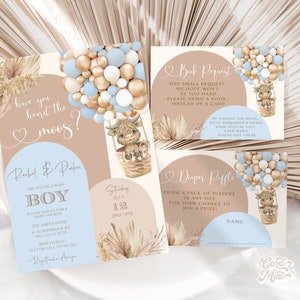 EDITABLE Boho Highland Cow Arch Invitación Conjunto de 3, Moo Baby Shower Globos Invitar, Baby Boy Blue, Brown Beige, Country Farm Digital JT158