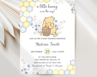 Winnie the Pooh Baby Shower Invitations, Hunny Bear Editable E-vite Digital Template JT1988