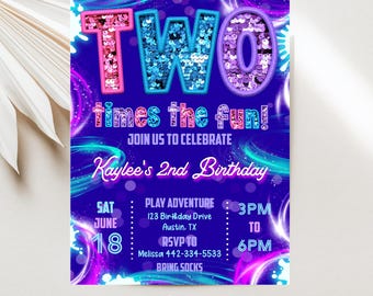 Sequin Glitter 2nd Birthday Party Invitation, Two Times the Fun Rainbow Glow Editable Digital Evite Downloadable Template JT3021