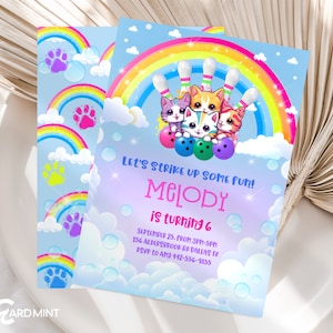 Editable Bowling Rainbow Kitten Birthday Party Invitation, Neon Pink and Purple Park Bubbles Pet Cat Digital Frank 90s Digital Template JP47