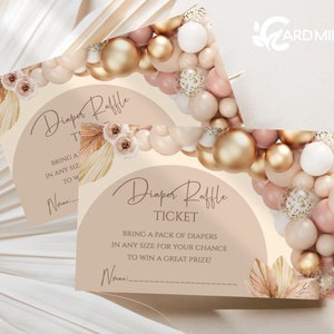 EDITIERBARE Windel Tombola Tickets Baby Shower Pink Balloon Arch, Baby Girl Shower Raffle Game Inserts Pink, Gold, Beige Pampas Grass DR0014
