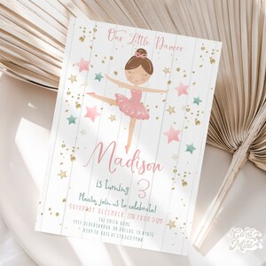 Redigerbar liten dansare ballerina födelsedagsinbjudan, dans och snurrflicka, prinsessa stjärnklar balett tutu design, digital mall JT2256