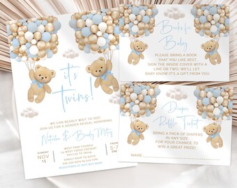 Könnte beinhalten: Einladung zu einer Zwillings-Babyparty in Blau und Gold. Die Einladung zeigt zwei Teddybären, die Ballons halten, und den Text "It's Twins!"  Die Einladung enthält auch Details zur Veranstaltung, einschließlich Datum, Uhrzeit und Ort.  Die Einladung enthält außerdem einen Lose für eine Windeltombola und eine Karte mit einer Buchwunschliste.