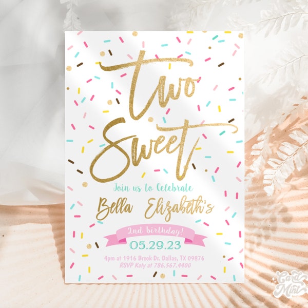 EDITABLE Sprinkle 2nd Birthday Invitations, Pink Gold Teal, Two Sweet Party Girl Second Birthday, Turnng Two Digital Template JT1324