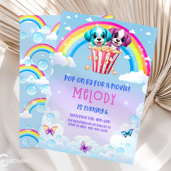 EDITIERBARE Regenbogen Popcorn Movie Puppy Birthday Party Einladung niedliches Mädchen lädt 5. Erste neon Haustier Hunde Frank 90s Digital Template JP27