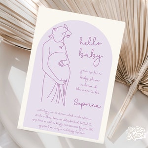 EDYTOWALNE Fioletowe Zaproszenia Na Baby Shower Nowoczesne Modne, Ładna Kobieta W Ciąży Zarys Jasnofioletowy Łuk Zaproszenie, Dziewczyna Natychmiastowe Pobieranie