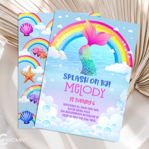 EDITABLE Rainbow Mermaid Pool Birthday Party Invitation cute girl Invite 5th Lisa Splash Tail Bubbles 90s Digital Template theme JP35